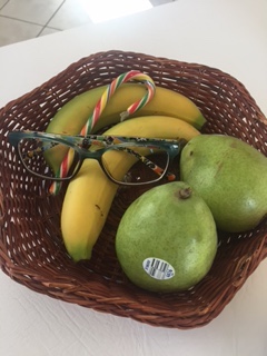 at least I got new glasses this fall that stay on my face. They are nestled in the fruit bowl we received as a gift from our neighbor.